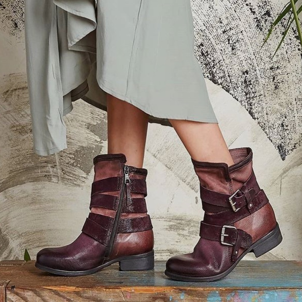 Women's Burgundy Strap Buckle Ankle Boots